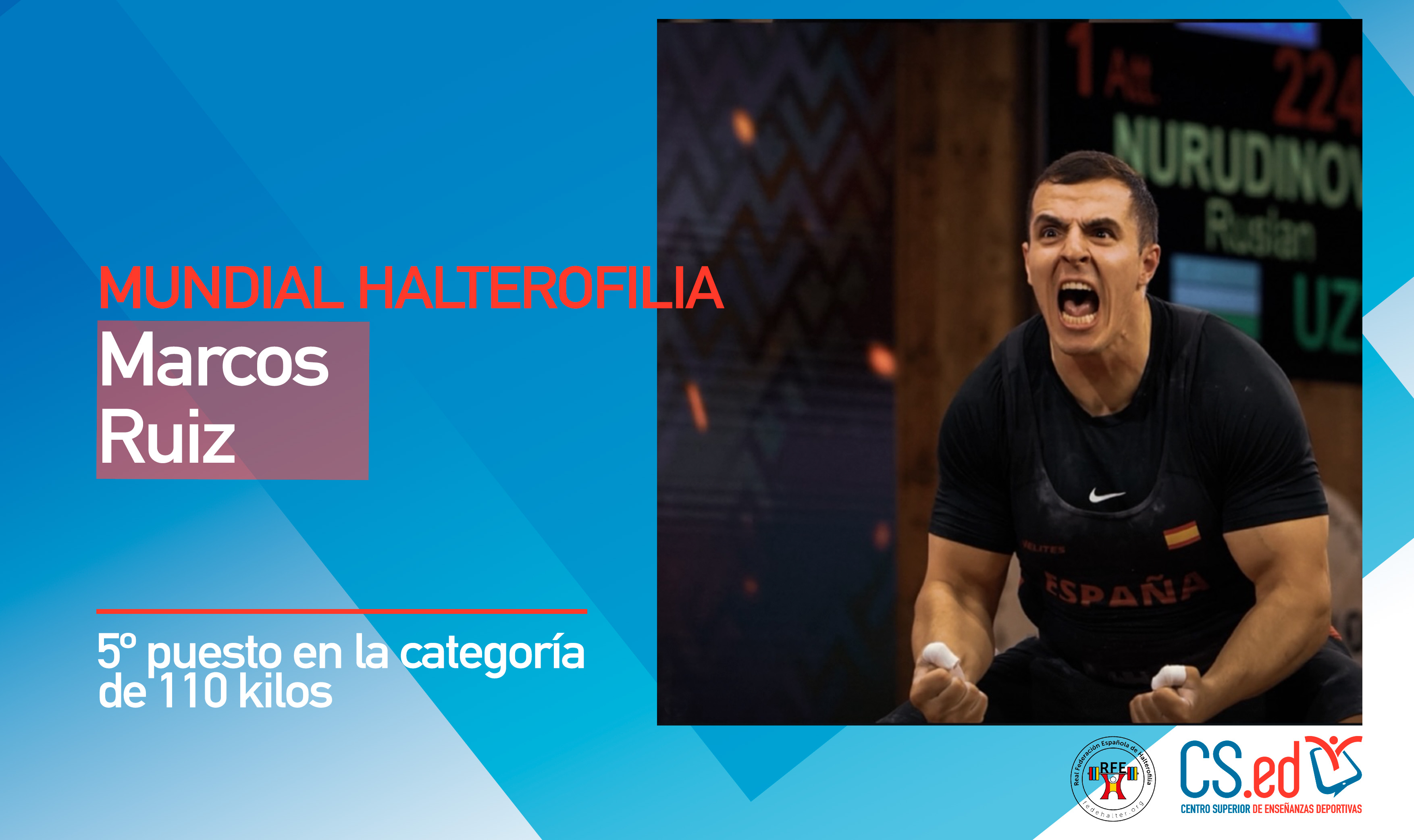 La imagen muestra a Marcos Ruiz, campeón español de halterofilia tras competir, con el texto Mundial de halterofilia.y los logotipos de CSED y Federación Española de Halterofilia