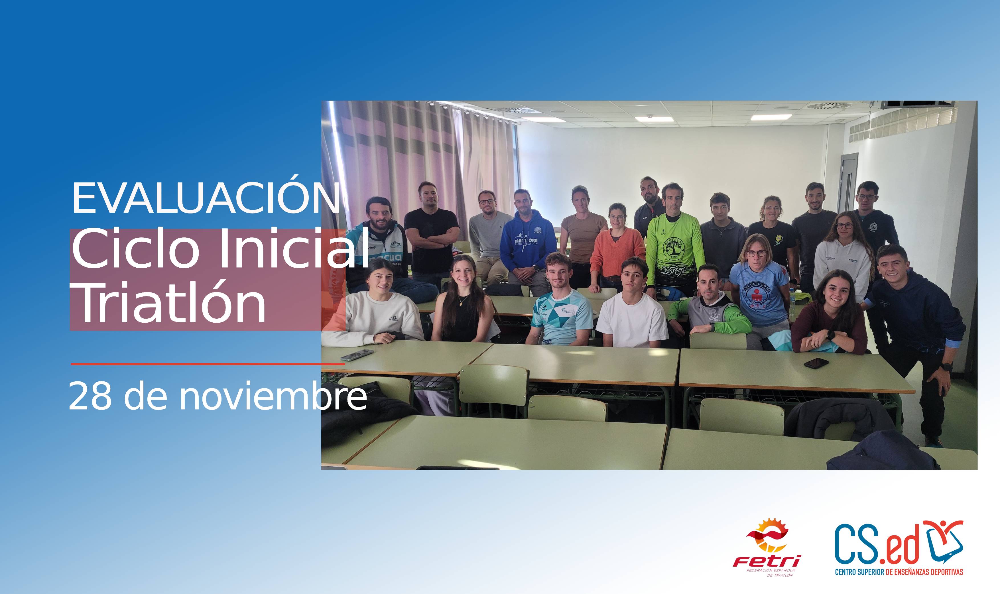 La imagen muestra una fotografía de la evaluación de triatlón, acompañada de los logotipos de CSED y la Federación de Triatlón