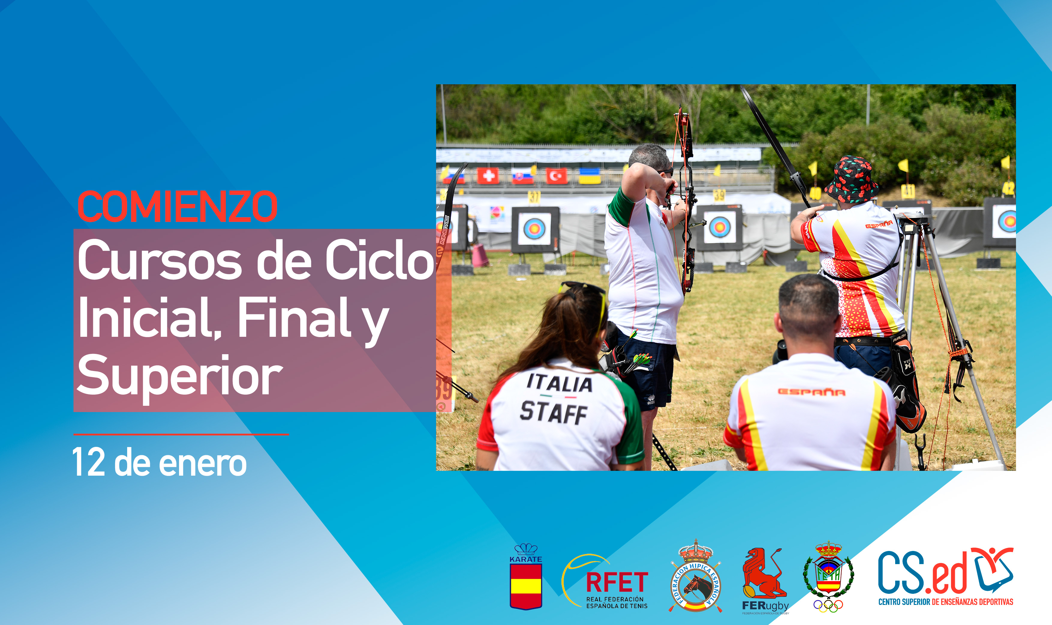 Claro 🙂  **Alt text corto:**  > Cartel de inicio de cursos deportivos con fecha 12 de enero y una escena de tiro con arco.